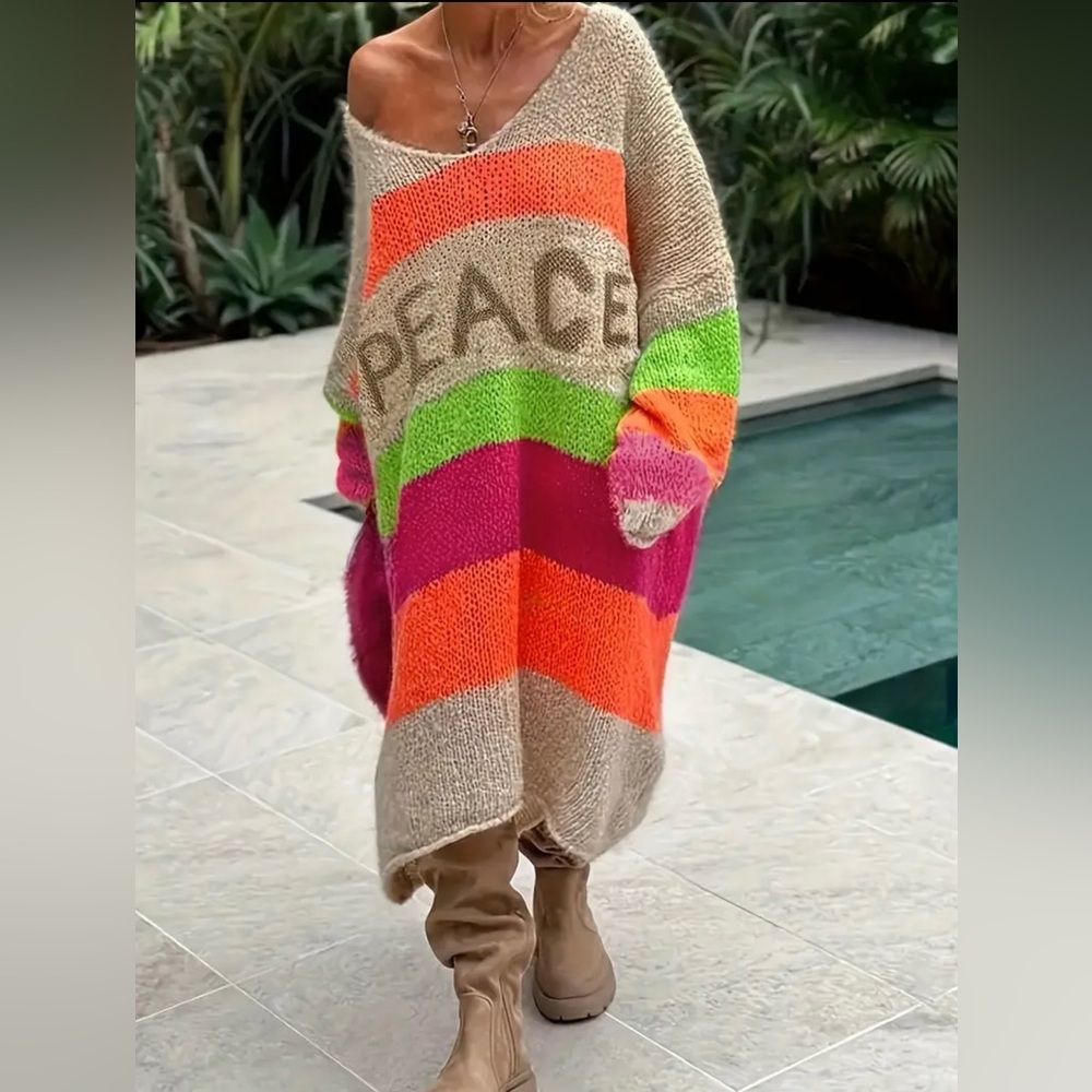 Oversized Bohemian Knit Crochet Peace Pattern Color Block Loose Sweater Dress - Picture 1 of 5